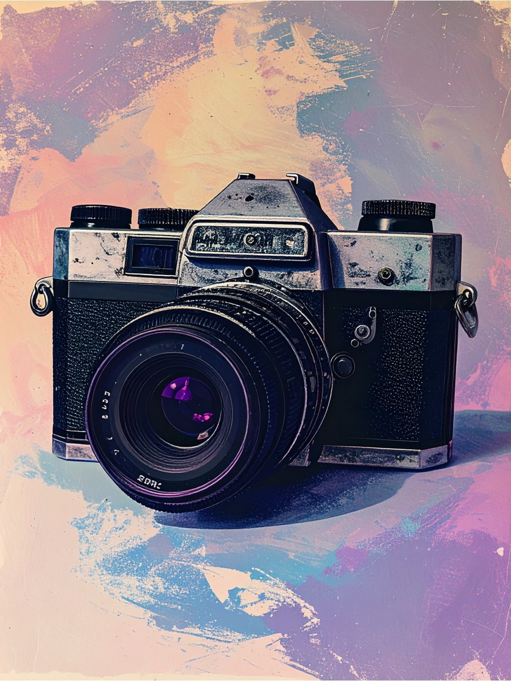 Black Vintage Camera Art Print with Purple Accents — Home Art Prints